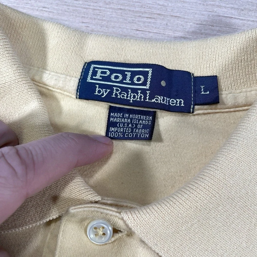 Polo Ralph Lauren Shirt Mens Large Yellow Short Sleeve Dark Blue Pony Vintage